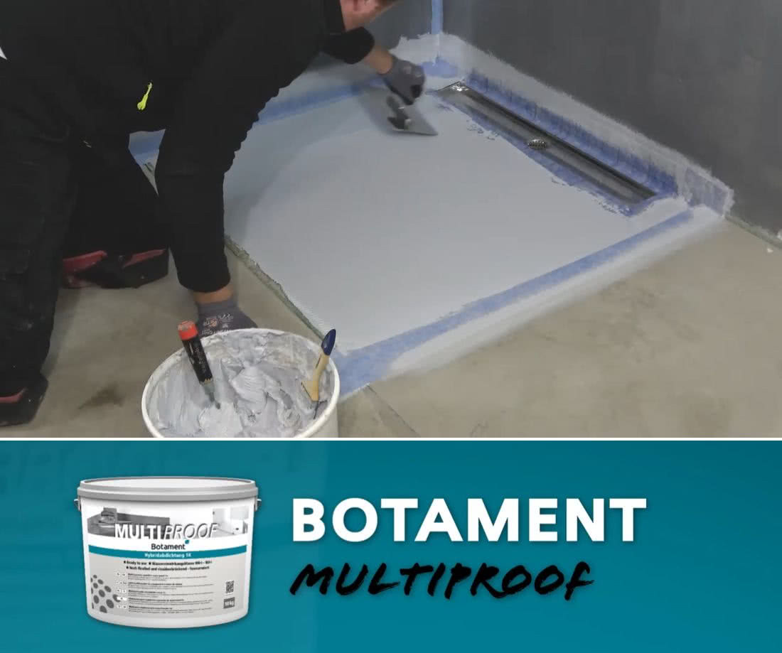 Wykonanie hydroizolacji brodzika prysznicowego walk-in za pomocą izolacji hybrydowej Botament Multiproof. fot. Botament Wykonanie hydroizolacji brodzika prysznicowego walk-in za pomocą izolacji hybrydowej Botament Multiproof. fot. Botament